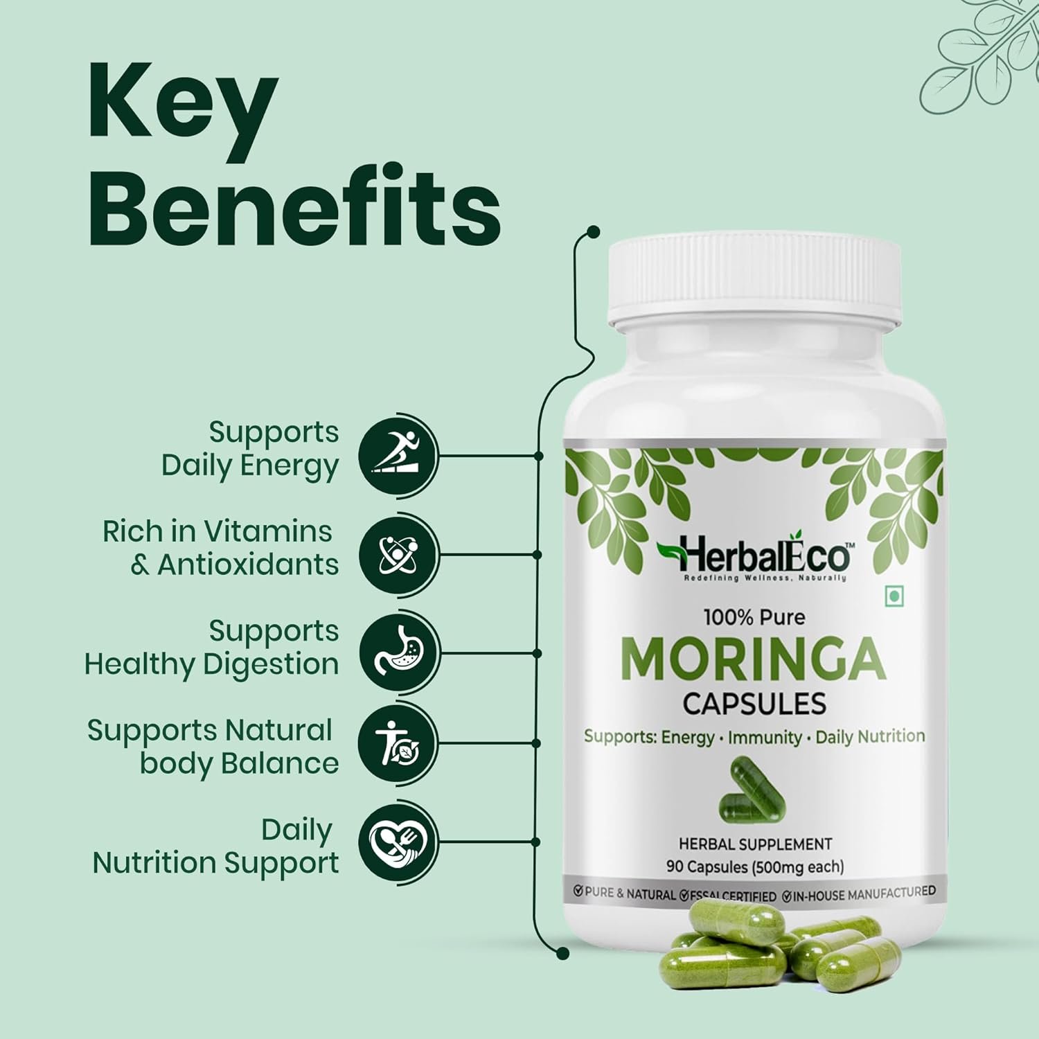 HerbalEco Moringa Capsules 500mg | 100% Pure Moringa Oleifera Leaf | Supports Energy, Immunity & Daily Nutrition | Herbal Supplement | 90 Veg Capsules - Image 2
