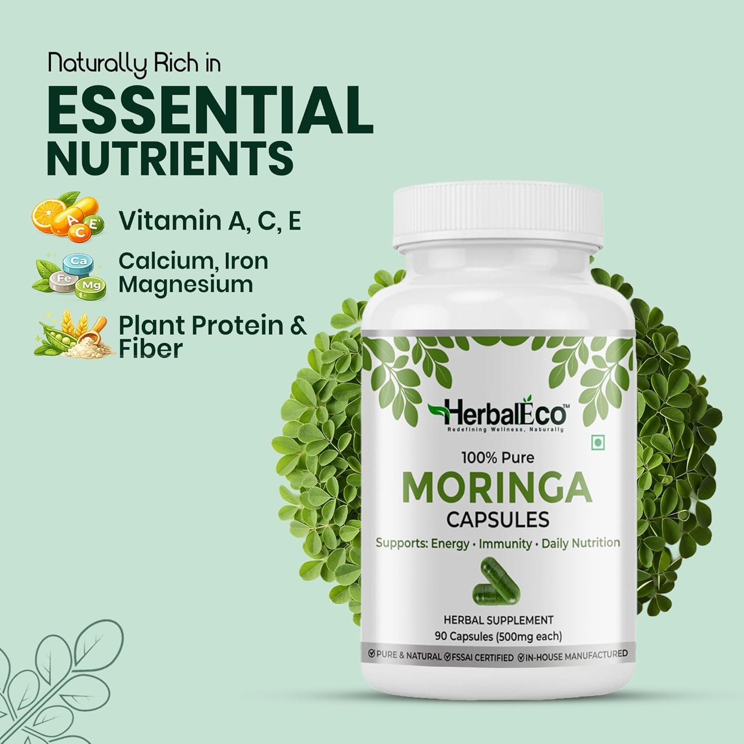 HerbalEco Moringa Capsules 500mg | 100% Pure Moringa Oleifera Leaf | Supports Energy, Immunity & Daily Nutrition | Herbal Supplement | 90 Veg Capsules - Image 3