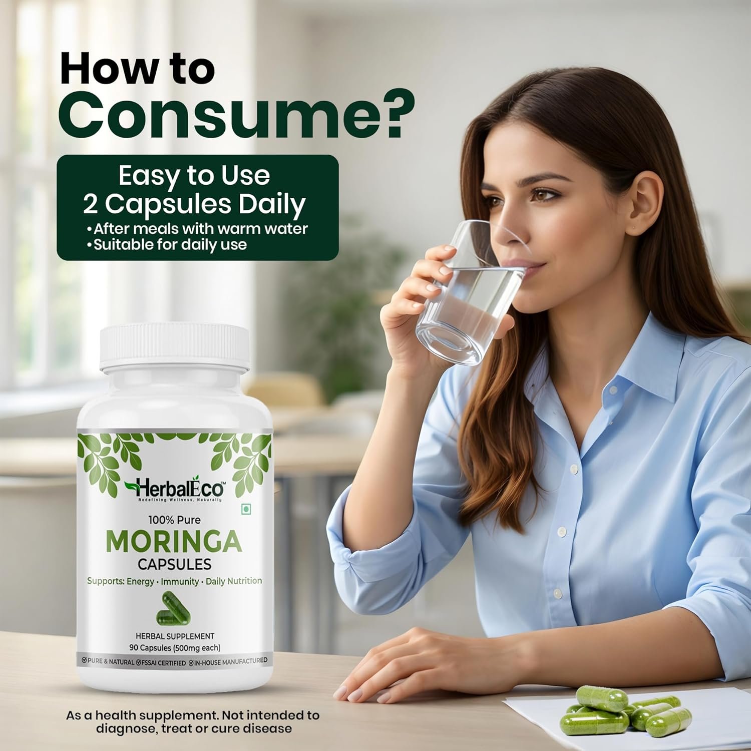 HerbalEco Moringa Capsules 500mg | 100% Pure Moringa Oleifera Leaf | Supports Energy, Immunity & Daily Nutrition | Herbal Supplement | 90 Veg Capsules - Image 5