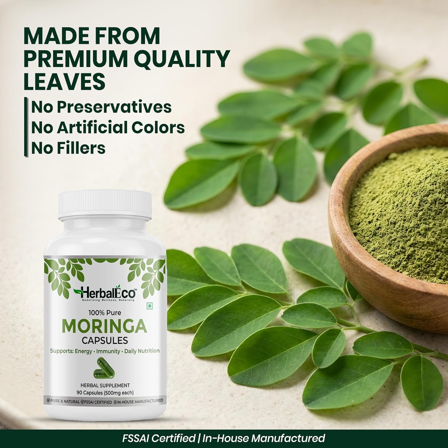 HerbalEco Moringa Capsules 500mg | 100% Pure Moringa Oleifera Leaf | Supports Energy, Immunity & Daily Nutrition | Herbal Supplement | 90 Veg Capsules - Image 6