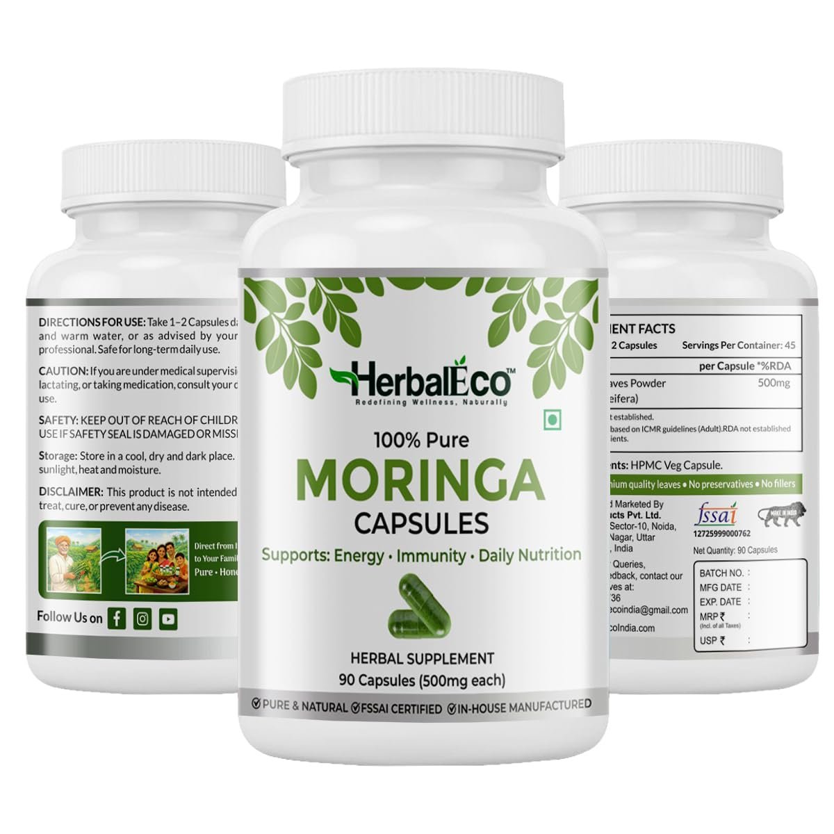 HerbalEco Moringa Capsules 500mg | 100% Pure Moringa Oleifera Leaf | Supports Energy, Immunity & Daily Nutrition | Herbal Supplement | 90 Veg Capsules - Image 9