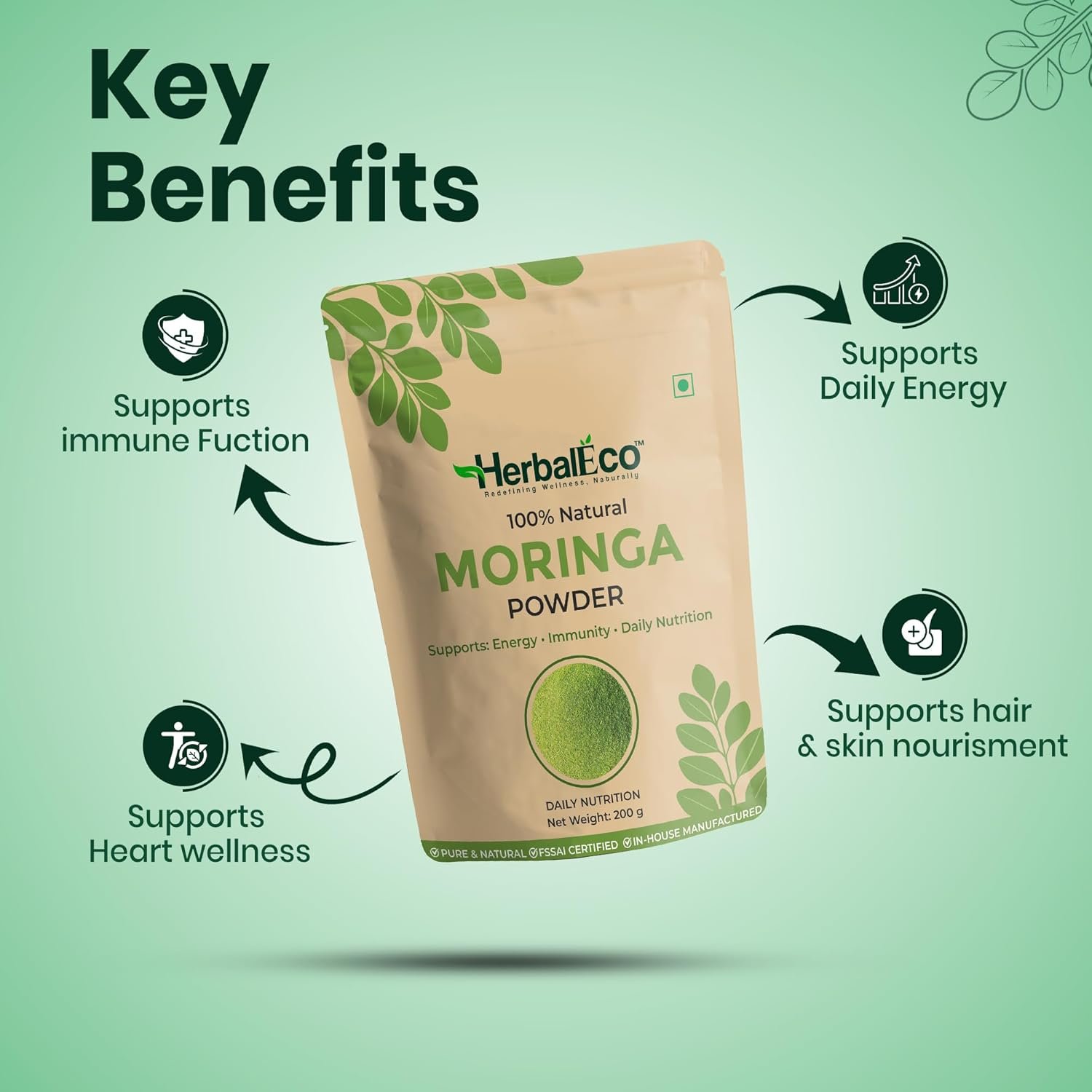 HerbalEco Moringa Leaf Powder 200g | 100% Pure Moringa Oleifera Leaf Natural Superfood for Energy, Immunity & Wellness | Nutritionally Rich in Vitamins & Minerals | Non-GMO, No Preservatives, Eco-Friendly - Image 2