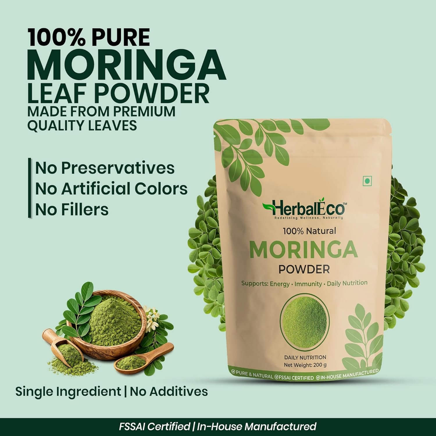 HerbalEco Moringa Leaf Powder 200g | 100% Pure Moringa Oleifera Leaf Natural Superfood for Energy, Immunity & Wellness | Nutritionally Rich in Vitamins & Minerals | Non-GMO, No Preservatives, Eco-Friendly - Image 3