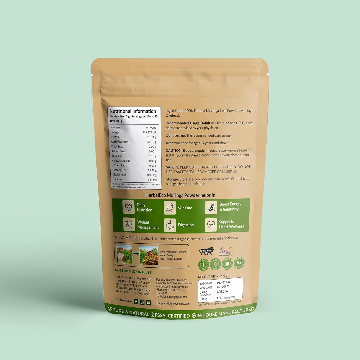 HerbalEco Moringa Leaf Powder 200g | 100% Pure Moringa Oleifera Leaf Natural Superfood for Energy, Immunity & Wellness | Nutritionally Rich in Vitamins & Minerals | Non-GMO, No Preservatives, Eco-Friendly - Image 9